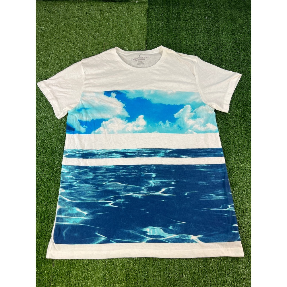 American Eagle Outfitters Mens‎ XL White Blue Ocean Cloud Graphic T-Shirt Tee